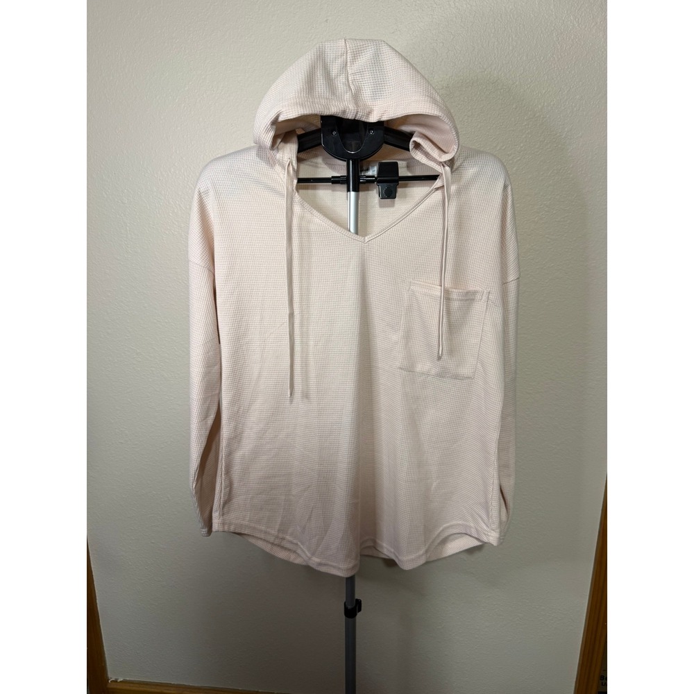 Morhuduck Womens Waffle Knit Hoodie V-Neck Pullover Pink Size L Pocket Casual